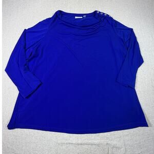 Susan Graver Women's 3X Blue Liquid Knit Long Sleeve Rhinestone Button Tunic Top
